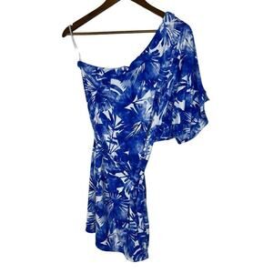 Trina Turk Blue White Leaf Print Basque One Shoulder Cover-up Dress S Women NEW